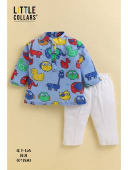 Little Collars - Blue Printed Straight Mid Waist Kurta & Pyjama