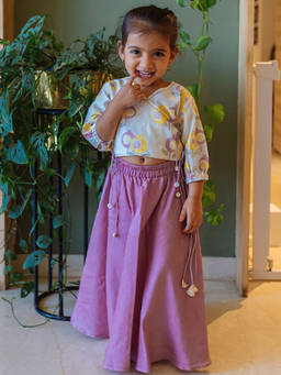 DULAAR - Purple Floral Flared Mid Waist Top & Lehenga