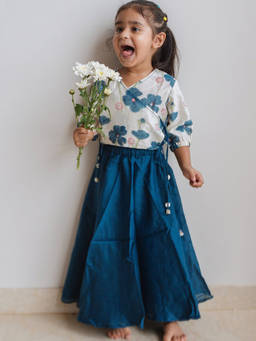 DULAAR - Teal Floral Flared Mid Waist Top & Lehenga