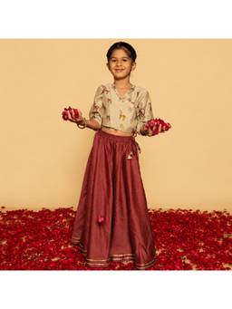 DULAAR - Beige Printed Flared Mid Waist Top & Lehenga