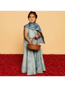 DULAAR - Teal Printed Flared Mid Waist Top & Lehenga