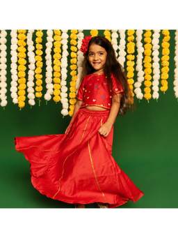 DULAAR - Pink Embroidered Flared Mid Waist Top & Lehenga