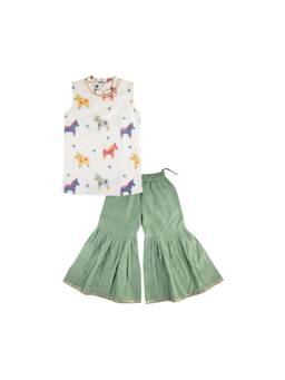 DULAAR - Green Printed Flared Mid Waist Kurti & Sharara