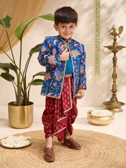 Vastramay - Blue Embroidered Straight Mid Waist Kurta Dhoti With Jacket