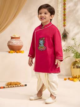Vastramay - Pink Embroidered Straight Mid Waist Kurta & Dhoti