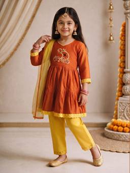 Vastramay - Orange Embroidered Straight Mid Waist Kurta Pant With Dupatta