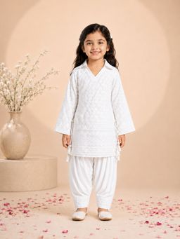 Vastramay - White Embroidered Tapered Mid Waist Kurta & Salwar