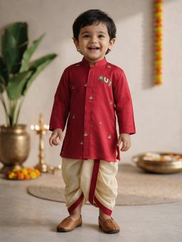 Vastramay - Maroon Embroidered Straight Mid Waist Kurta & Dhoti