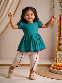 Vastramay - Aqua Embroidered Tapered Mid Waist Kurti & Dhoti