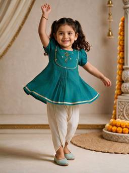 Vastramay - Aqua Embroidered Tapered Mid Waist Kurti & Dhoti
