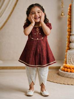 Vastramay - Maroon Embroidered Tapered Mid Waist Kurti & Dhoti