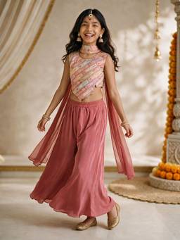 Vastramay - Multi-Color Embroidered Wide Mid Waist Top Palazzo With Dupatta