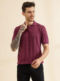 CHKOKKO - Men Purple Pure Cotton Knitted Polo T-Shirt