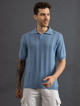 CHKOKKO - Men Blue Pure Cotton Knitted Polo T-Shirt