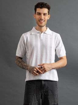 CHKOKKO - Men White Pure Cotton Knitted Polo T-Shirt
