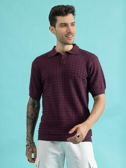 CHKOKKO - Men Purple Pure Cotton Knitted Polo T-Shirt