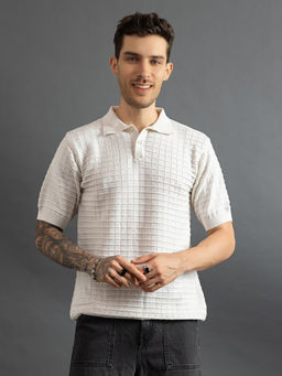 CHKOKKO - Men Off White Pure Cotton Knitted Polo T-Shirt
