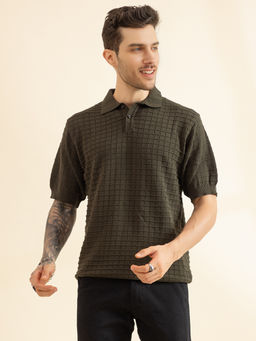 CHKOKKO - Men Olive Pure Cotton Knitted Polo T-Shirt