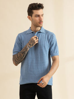CHKOKKO - Men Blue Pure Cotton Knitted Polo T-Shirt