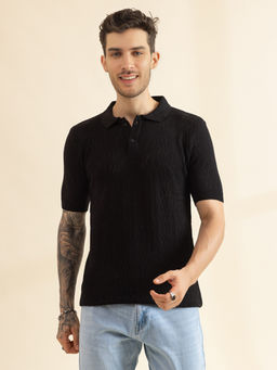 CHKOKKO - Men Black Pure Cotton Knitted Polo T-Shirt