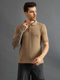 CHKOKKO - Men Camel Brown Pure Cotton Knitted Polo T-Shirt