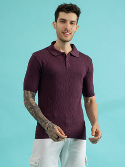 CHKOKKO - Men Purple Pure Cotton Knitted Polo T-Shirt