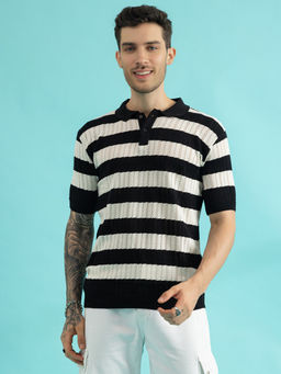 CHKOKKO - Men White Black Pure Cotton Knitted Polo T-Shirt