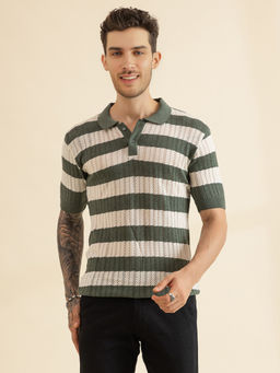 CHKOKKO - Men White Green Pure Cotton Knitted Polo T-Shirt