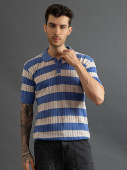 CHKOKKO - Men White Blue Pure Cotton Knitted Polo T-Shirt