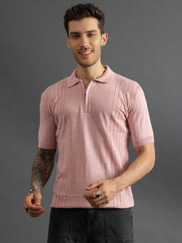 CHKOKKO - Men Pink Pure Cotton Knitted Zipper Polo T-Shirt