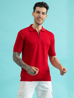 CHKOKKO - Men Red Pure Cotton Knitted Zipper Polo T-Shirt