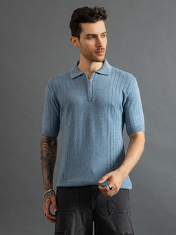 CHKOKKO - Men Blue Pure Cotton Knitted Zipper Polo T-Shirt