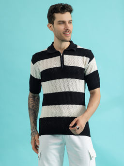 CHKOKKO - Men White Black Pure Cotton Knitted Zipper Polo T-Shirt