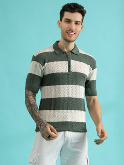 CHKOKKO - Men White Green Pure Cotton Knitted Zipper Polo T-Shirt