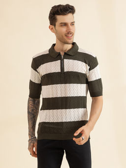 CHKOKKO - Men White Olive Pure Cotton Knitted Zipper Polo T-Shirt