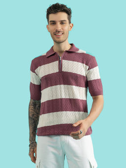 CHKOKKO - Men White Pink Pure Cotton Knitted Zipper Polo T-Shirt