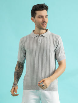 CHKOKKO - Men Grey Pure Cotton Knitted Polo T-Shirt