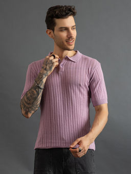 CHKOKKO - Men Pink Pure Cotton Knitted Polo T-Shirt