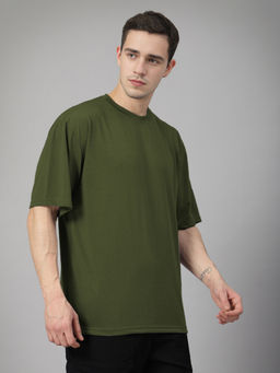 CHKOKKO - Men Olive Solid Crew Neck T-Shirt