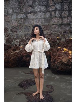 Raas Life - Cream Cookie Self Design Dress With Belt