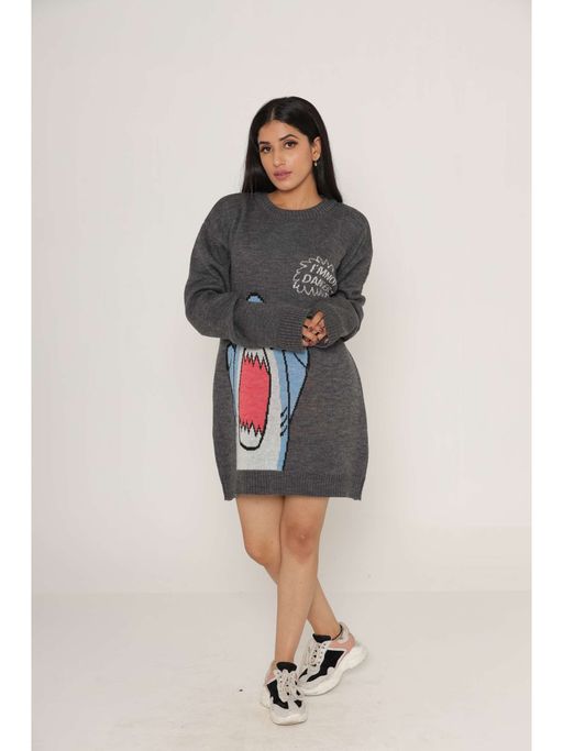 Buy KASMA Stylish Oversized Grey Printed Woollen Sweater Dress For Women  Online