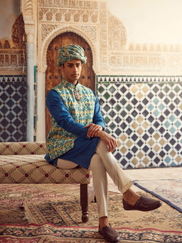 KISAH - Men Blue Kurta Jacket Trouser Set (Set of 3)