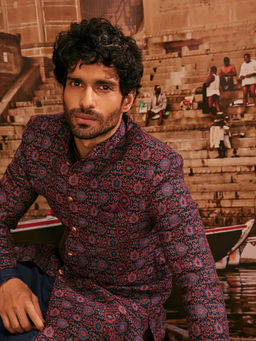 KISAH - Men Multi Coloured Silk Blend Jacquard Kurta Indowestern Sherwani Trouser Set with Abstract Print