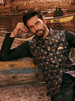 KISAH - Men Black Kurta Jacket Churidar (Set of 3)