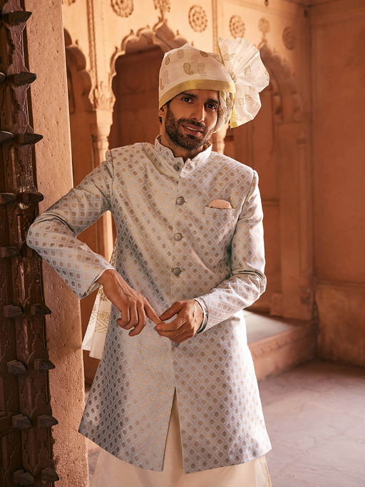 KISAH Men Cream Sherwani Front Closure