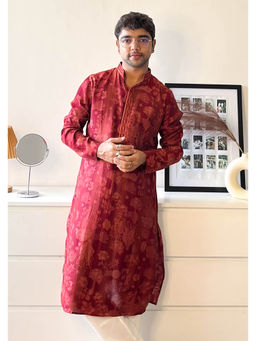 KISAH - Mens Maroon Blended Floral Printed Kurta