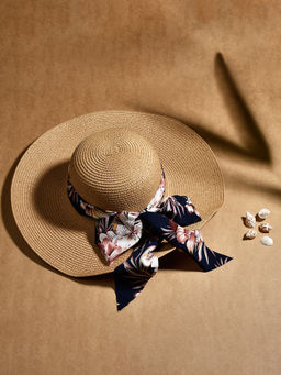 ToniQ - Women Brown Summer Hat with Black Floral Printed Scarf (Set of 2)