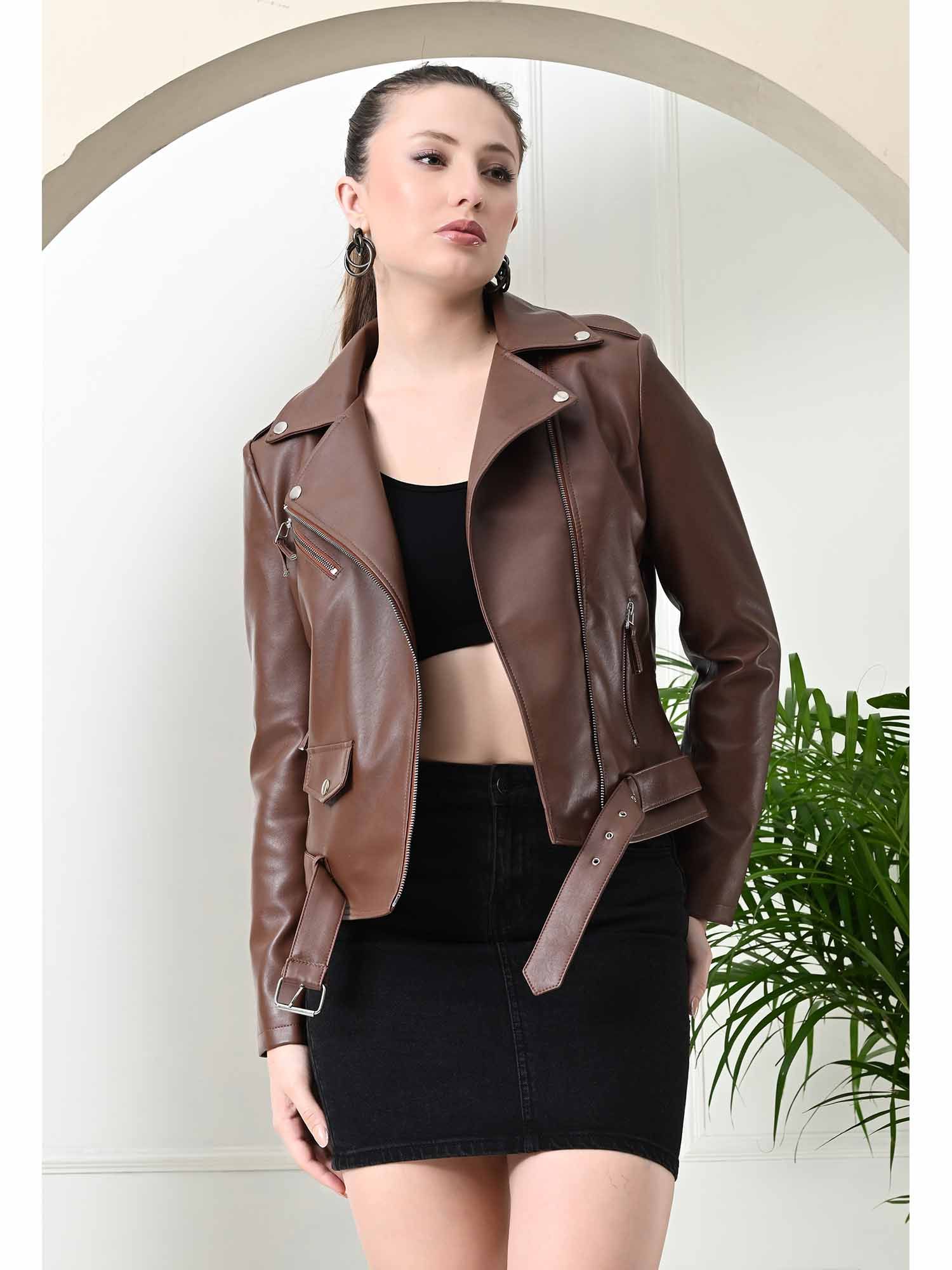 tboj Brighter Tan Crop Leather Jacket with Belt (Set of 2)-picture-16