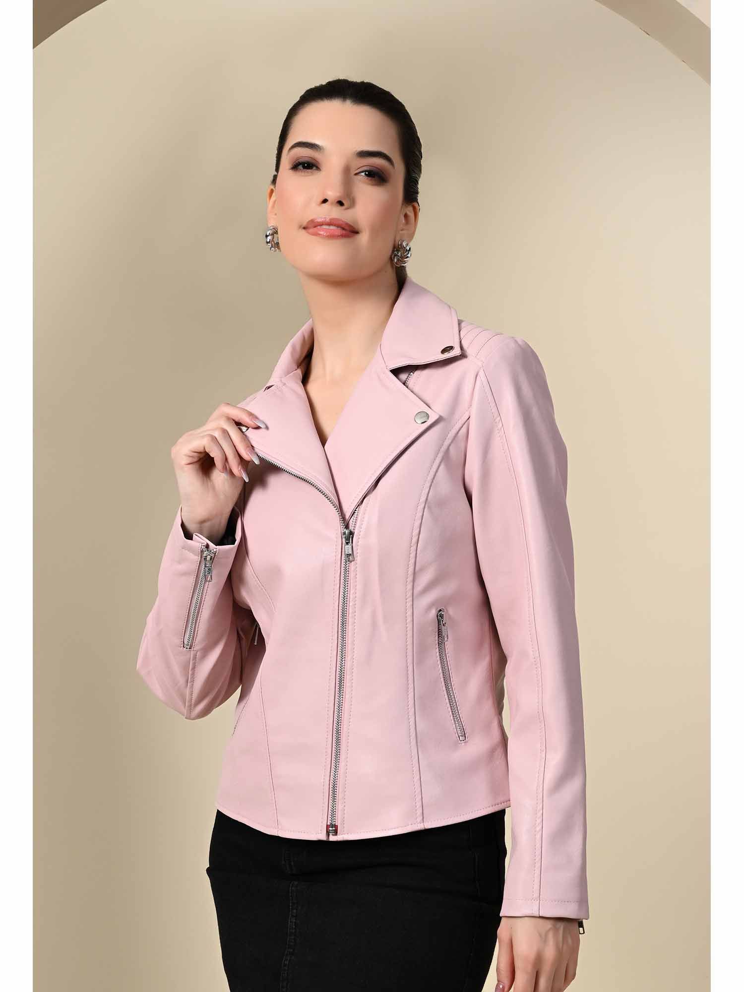 tboj Dark Pink Solid Leather Biker Jacket for Women-picture-32