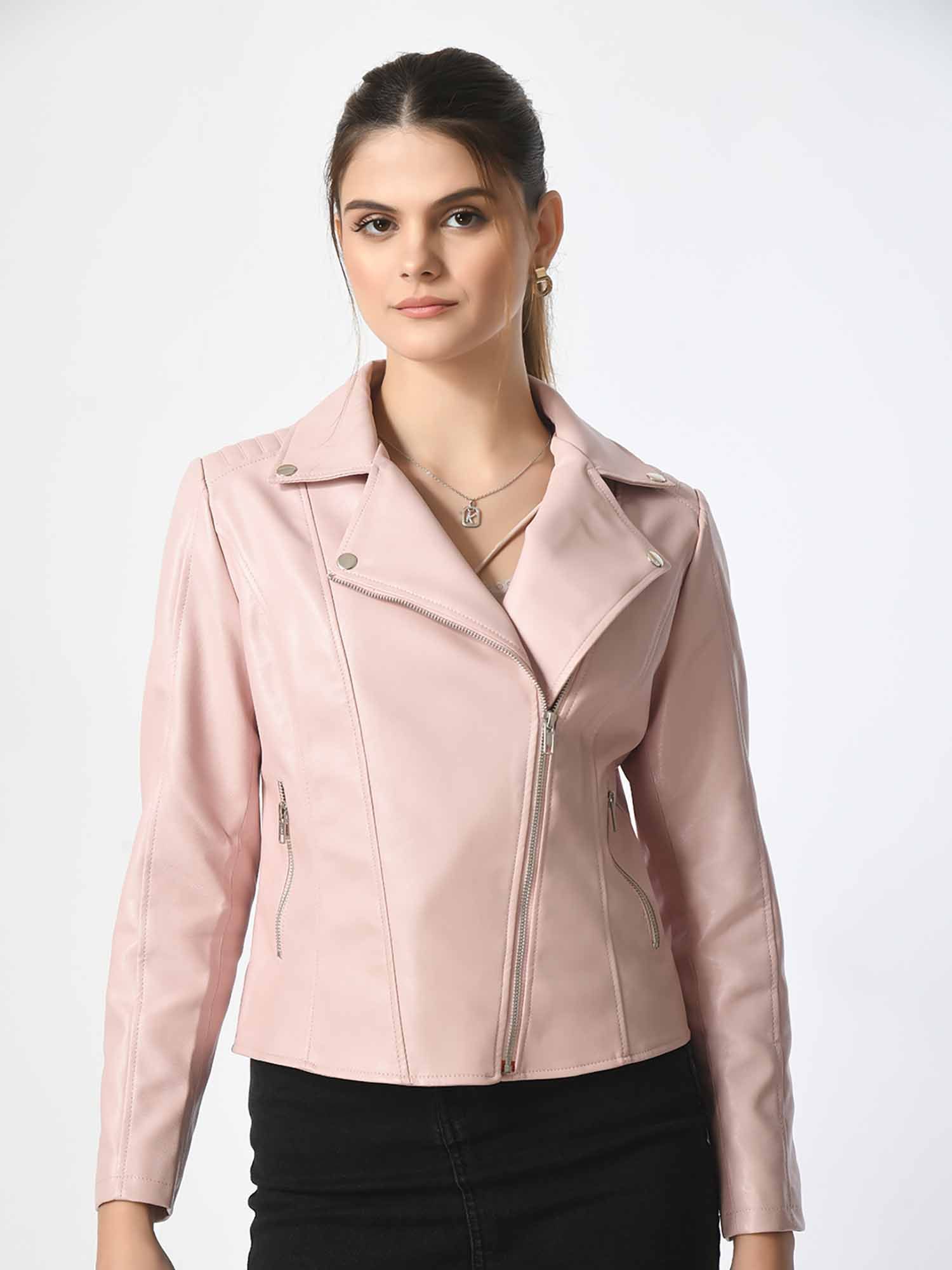 tboj Pink Solid Leather Biker Jacket for Women-picture-20